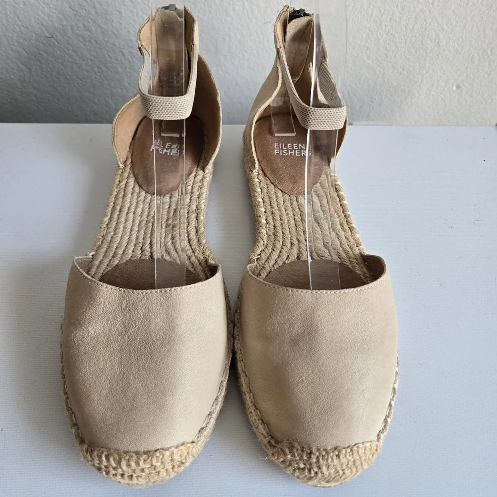 Eileen Fisher Womens Beige Leather Espadrille Ankle Strap Sandals Size 9 Flat
